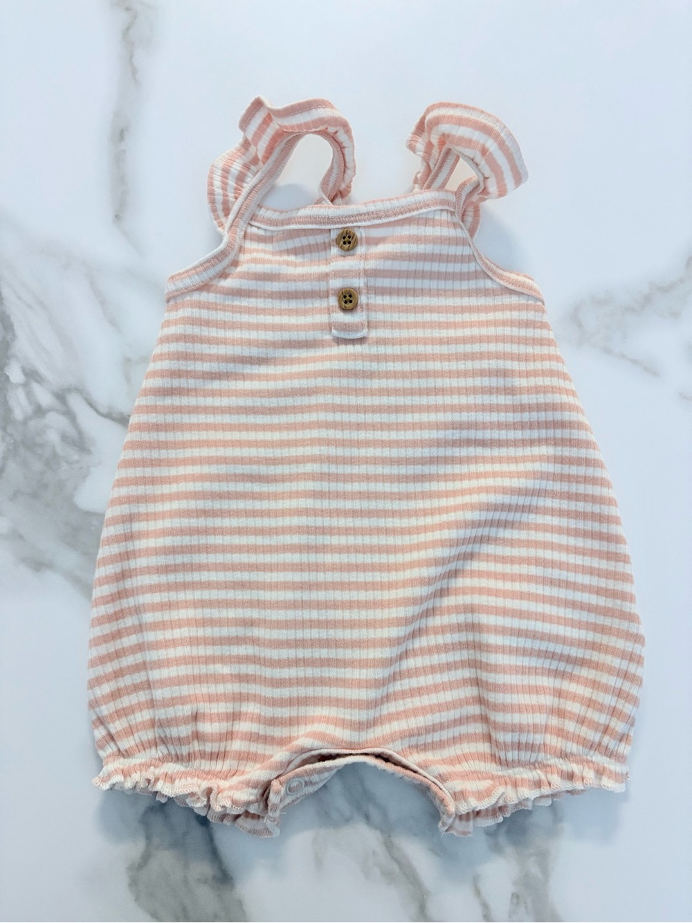 2 Baby Ruffle Strap Rompers - Light Blue & Pink Stripe - Picture 4 of 5